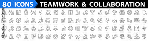 Teamwork 80 icon set. Collaboration icons. Business teamwork, team building, co-worker, cooperation, work group ,human resources. Vector illustration