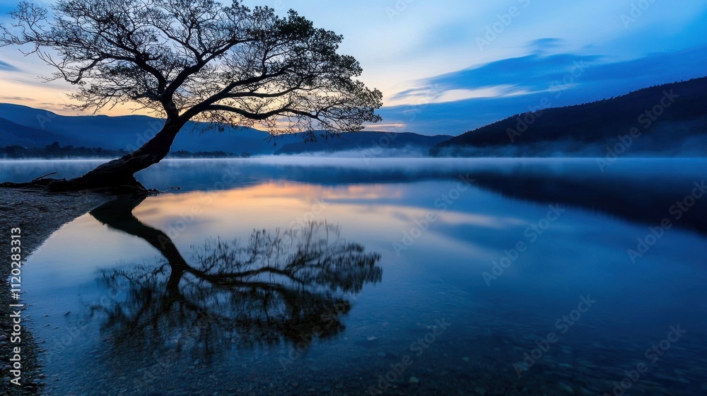A tree is reflected in the water of a lake A tree is reflected in the water of a lake