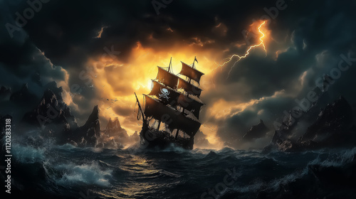 Dramatic pirate ship navigating a stormy sea, perfect for adventure-themed decor, wall art, posters, and fantasy designs, evoking mystery and excitement.