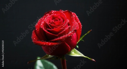 Vibrant red rose with delicate water droplets on dark background photo