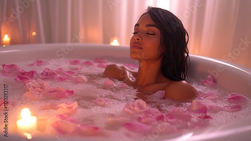 A woman enjoys a peaceful moment soaking in a bubble bath adorned with rose petals, surrounded by soft candlelight that enhances the calming atmosphere.