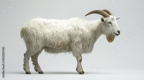 A realistic depiction of a white goat, showcasing its woolly coat and prominent horns against a neutral background. photo