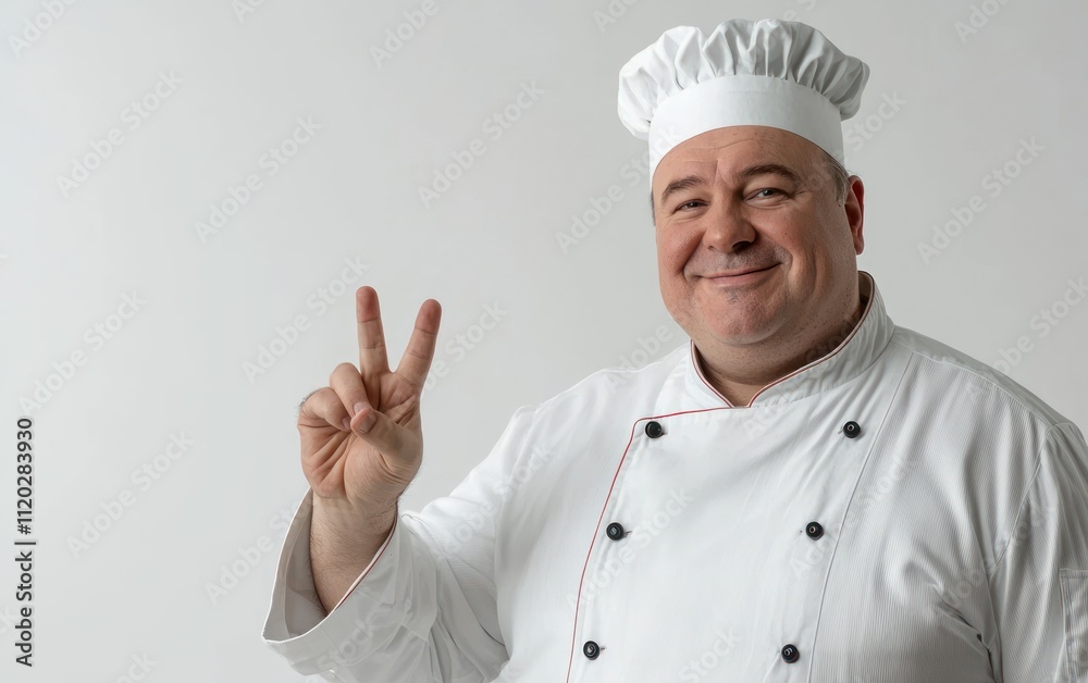 Smiling Chef Showing Peace Sign, Culinary Professional, Smiling Chef Showing Peace Sign, Culinary Professional,