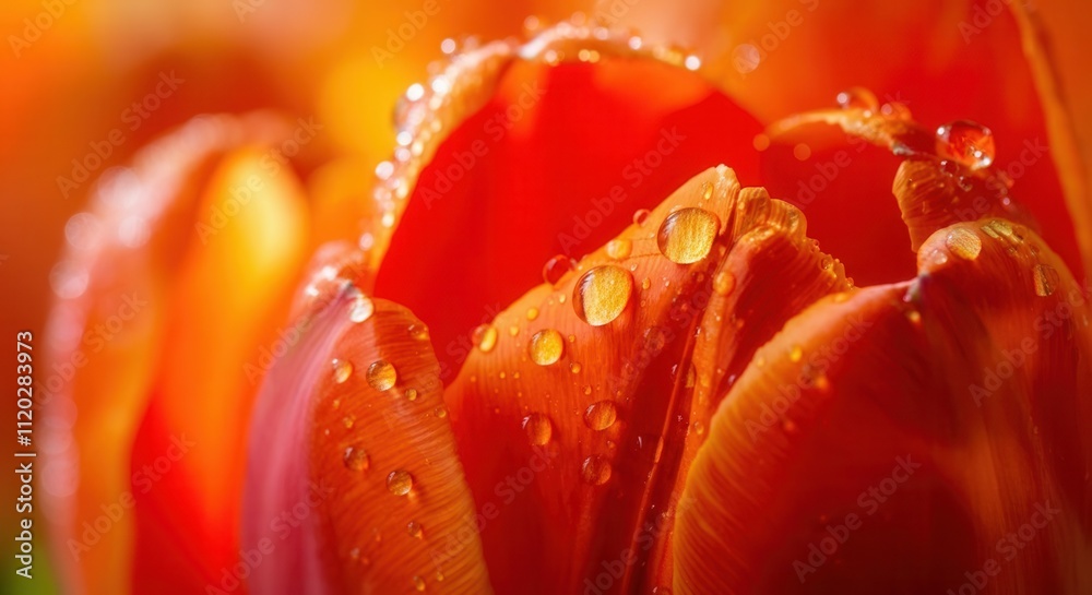 Vibrant tulip petals with fresh water droplets in close-up