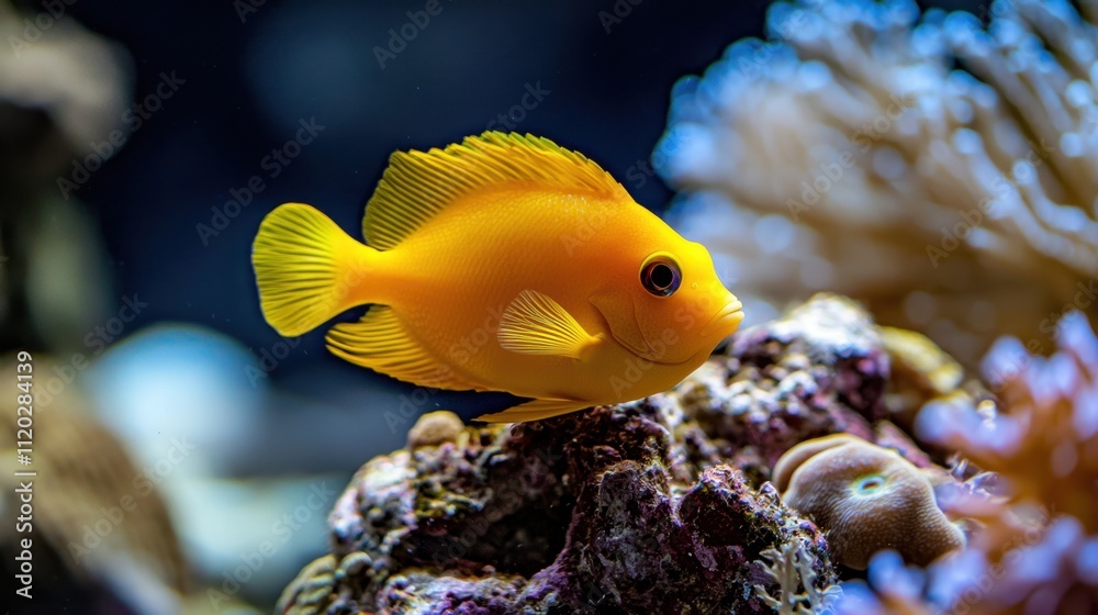 A yellow fish is swimming in front of a coral reef A yellow fish is swimming in front of a coral reef