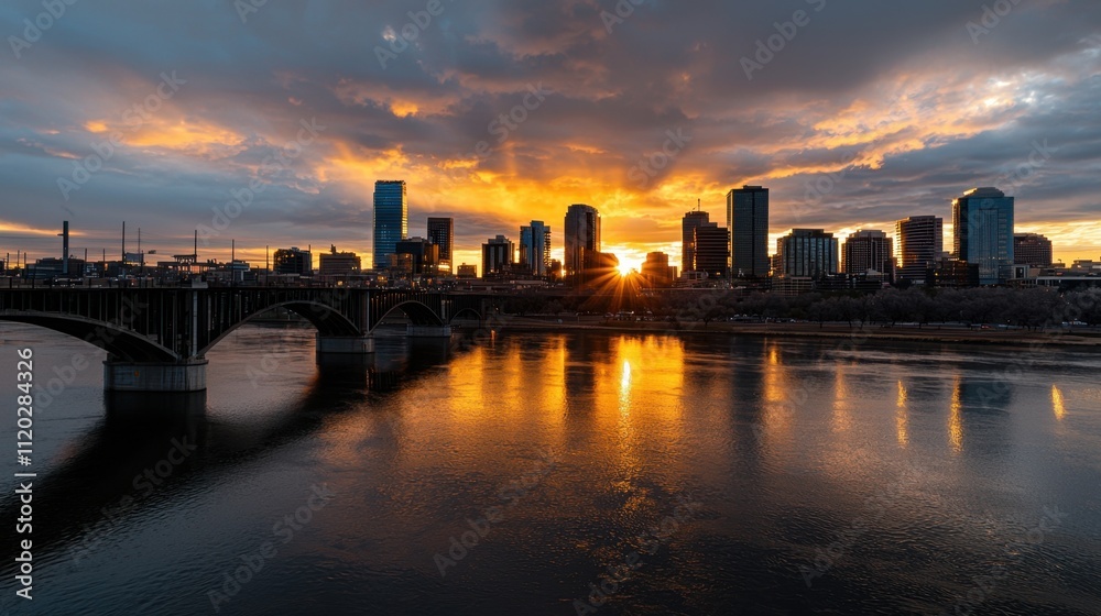 A city skyline with a bridge in the foreground and a river in the background A city skyline with a bridge in the foreground and a river in the background