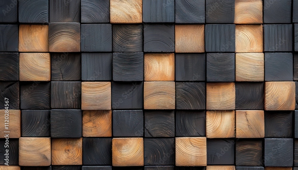 Wood block wall with a pattern of light and dark timber tiles, creating a visually striking effect. Wood block wall with a pattern of light and dark timber tiles, creating a visually striking effect.