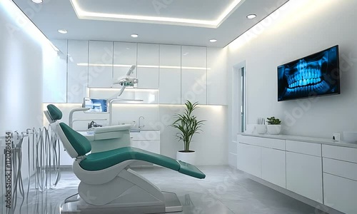 Modern dental clinic interior with a treatment chair and equipment.