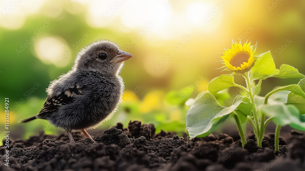 Fototapeta premium A young bird standing beside a vibrant sunflower, perfect for nature-themed wall art, posters, backgrounds, and garden decorations that evoke freshness and growth.