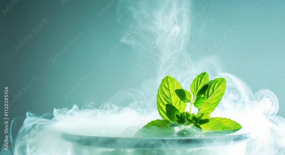 Fresh mint leaves in mystical swirling smoke