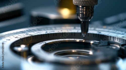 Precision instrument, metallic, calibrated markings, pointed tool.