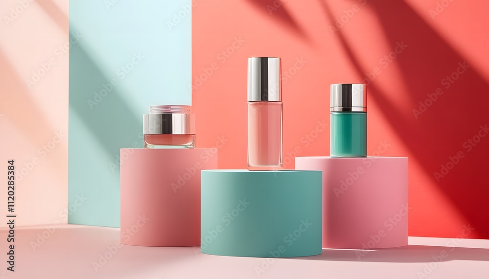 Elegant Cosmetics Display Skincare Products on Pastel Platforms Elegant Cosmetics Display Skincare Products on Pastel Platforms
