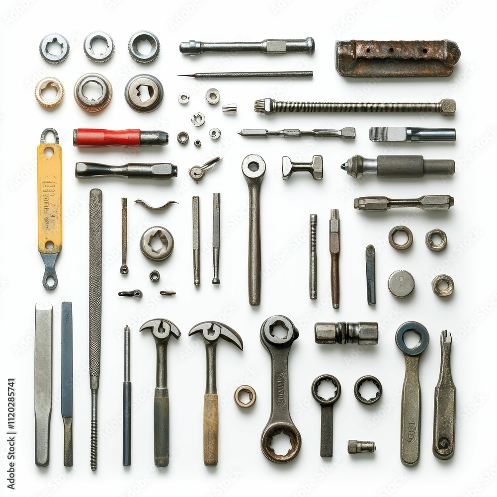 Assorted metal tools and fasteners arranged neatly. Assorted metal tools and fasteners arranged neatly.