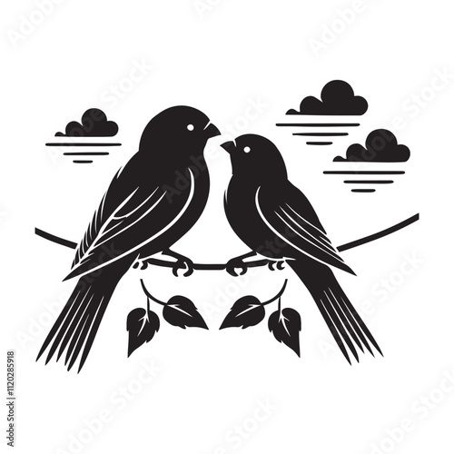 Pair of lovebirds on a wire silhouette vector art black color design and solid white background
