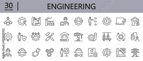 Engineering line icons set with Helmet, Tools, Factory, Machinery, Repair, Gears, Equipment, Electrical, Electricity and more. Editable Stroke