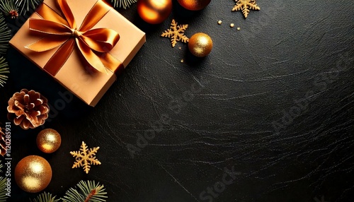 Bożonarodzeniowe czarne tło ze złotym prezentem i złotymi ozdobami choinkowymi