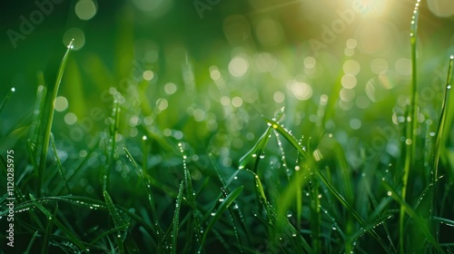 Dew-kissed grass glistens in the sunlight, creating a serene, natural scene that embodies freshness and tranquility.