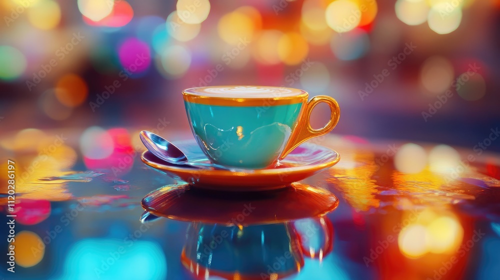 Fototapeta premium A vibrant coffee cup with a spoon, set against a colorful, blurred background.