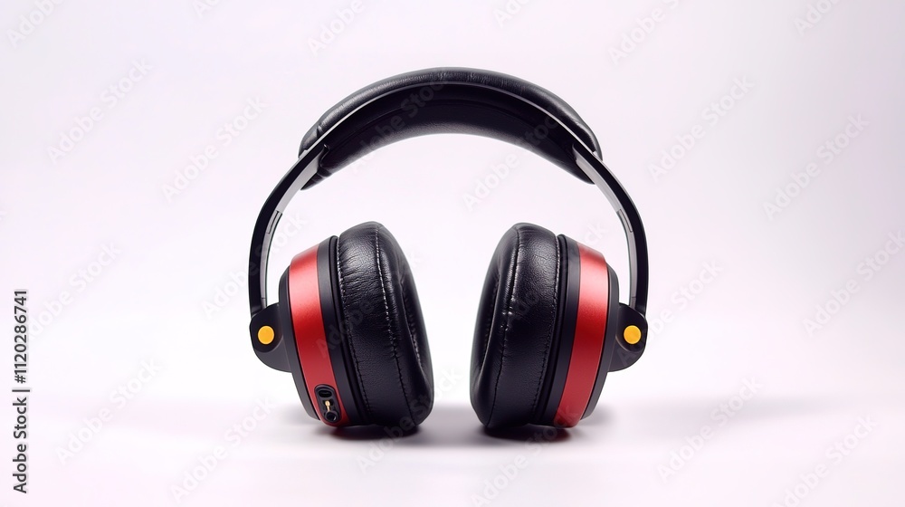 A pair of modern black and red headphones displayed against a neutral background, showcasing their sleek design and padded ear cups. A pair of modern black and red headphones displayed against a neutral background, showcasing their sleek design and padded ear cups.