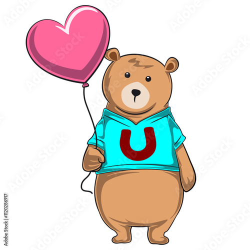 cute cartoon bear wearing a t-shirt with the word U, holding a pink heart-shaped balloon, to express his love for you, work of hand drawn