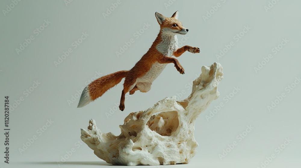 Fototapeta premium A fox leaps gracefully over a textured white surface, capturing the essence of agility and elegance in a dynamic pose.