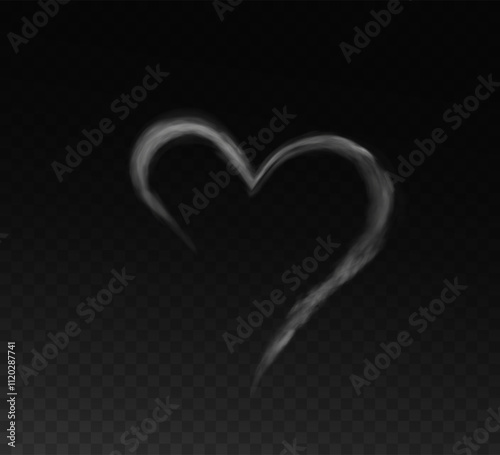 Heart shaped smoke effect, sign of love, smoke hearts, love. White waves of smoke from hot drink, coffee, cigarettes, tea or food. Mockup of fog with swirls.