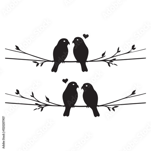 Pair of lovebirds on a wire silhouette vector art black color design and solid white background