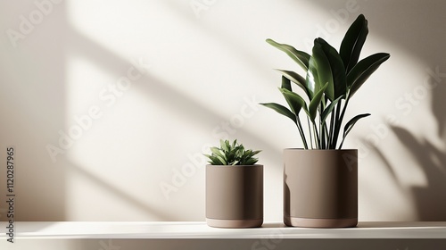 Indoor plants in minimalist pots casting shadows in soft light during late afternoon