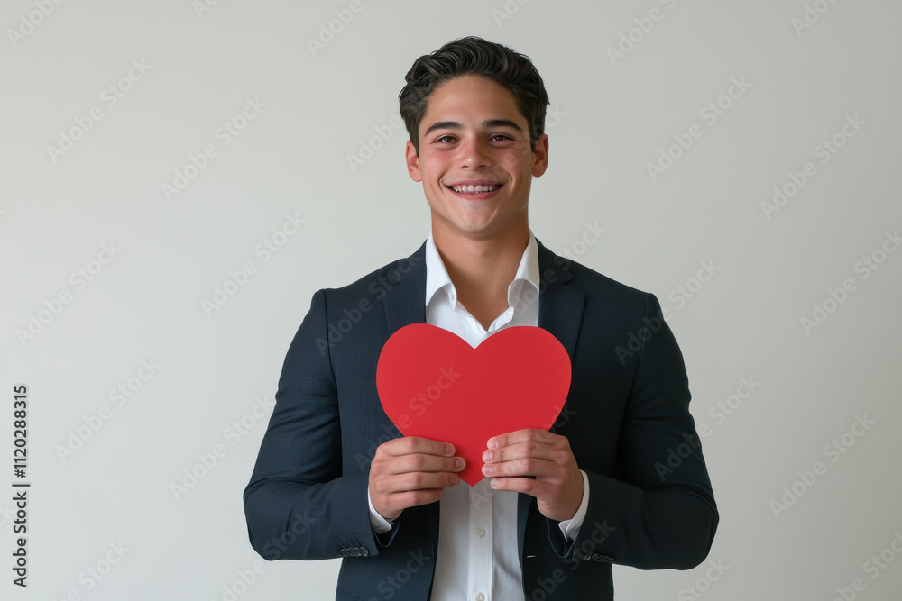 Young man in formal attire holding a red heart cutout indoors with a friendly smile Young man in formal attire holding a red heart cutout indoors with a friendly smile