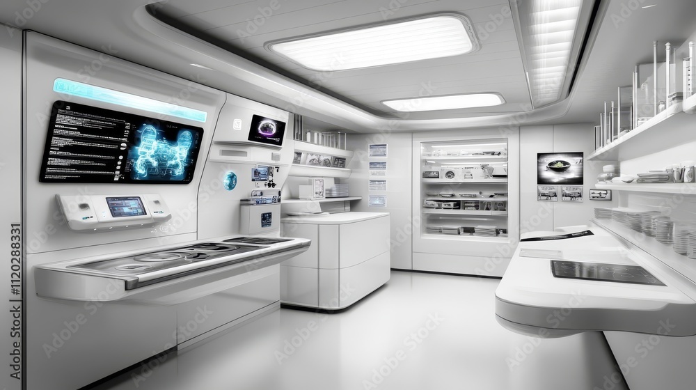 Futuristic smart kitchen with AI technology, holographic displays, and smart appliances, emphasizing innovation, home automation, and modern cooking. Futuristic smart kitchen with AI technology, holographic displays, and smart appliances, emphasizing innovation, home automation, and modern cooking.