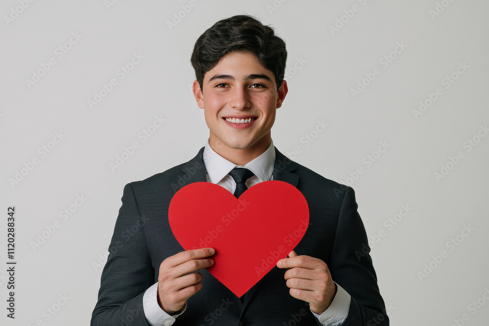 Young man in formal attire holds a large red heart symbol for a celebration Young man in formal attire holds a large red heart symbol for a celebration