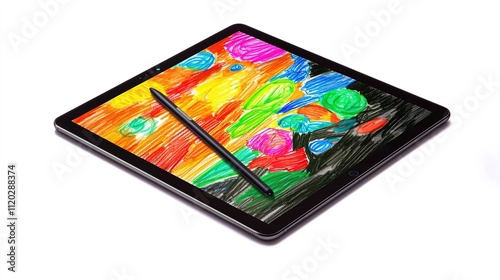 A vibrant digital artwork created on a tablet, showcasing colorful strokes and patterns with a stylus on a black surface.