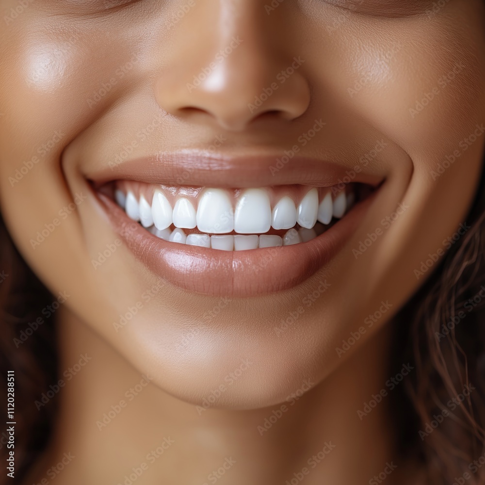 Smiling woman shows bright white teeth in close-up portrait Smiling woman shows bright white teeth in close-up portrait