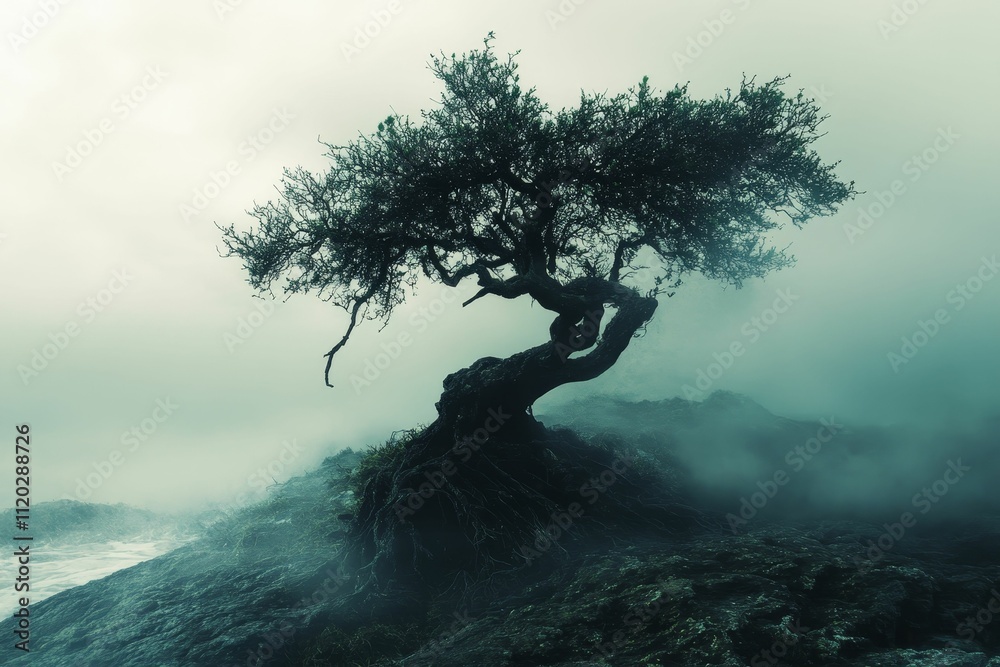 Windswept tree, rocky coast, foggy scene. Windswept tree, rocky coast, foggy scene.
