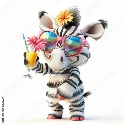 Funny zebra with sunglasses enjoying a drink at a sunny beachside cafe