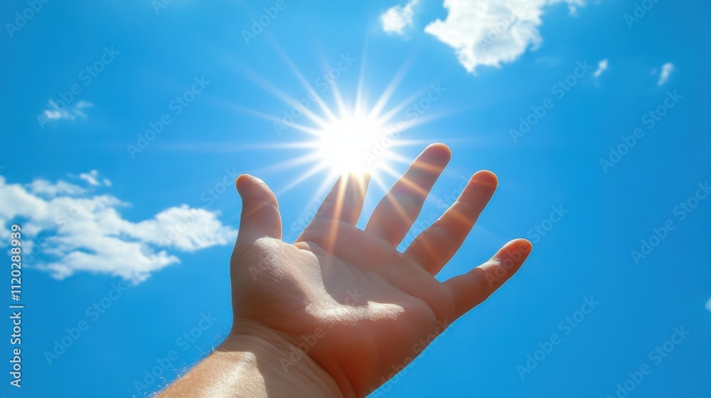 Close-up of hand holding hand outstretched to the sun, inciting composition, sun beyond hand, beautiful sky,