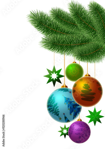 Christmas balls hanging on green fir tree branch.