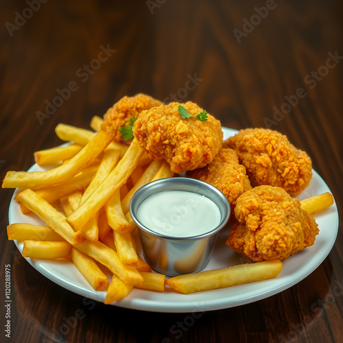 Fried chicken nuggets with french fries and mayonnaise sauce photo