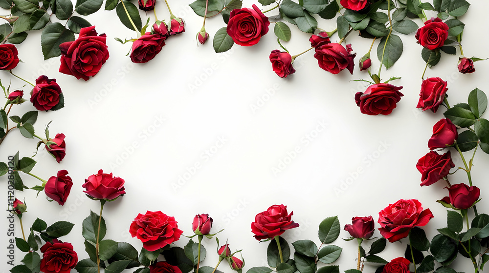 top view of composition with roses on white background top view of composition with roses on white background