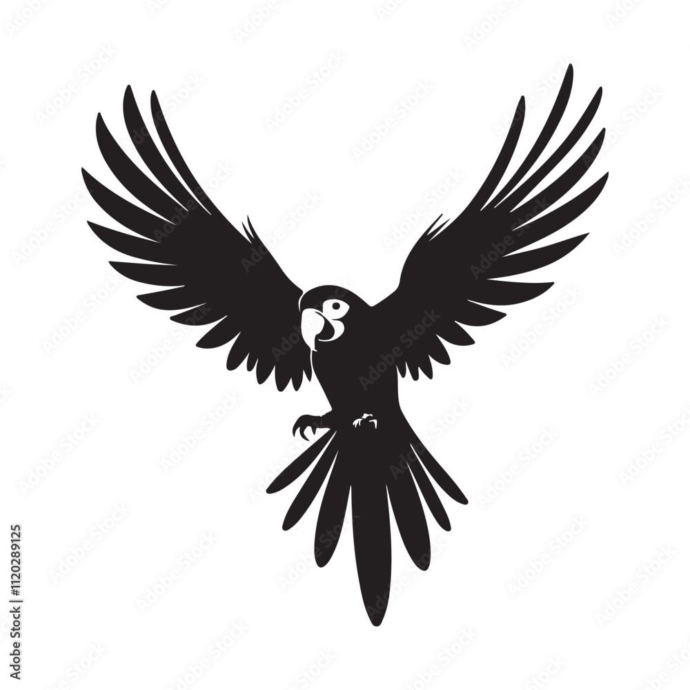 Obraz premium Parrot with spread wings silhouette vector art black color design and solid white background