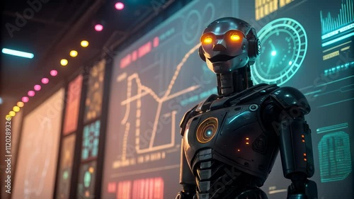 Futuristic Humanoid Robot with Glowing Eyes and Data Projections