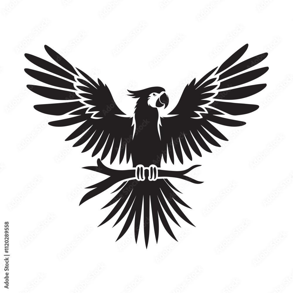 Fototapeta premium Parrot with spread wings silhouette vector art black color design and solid white background