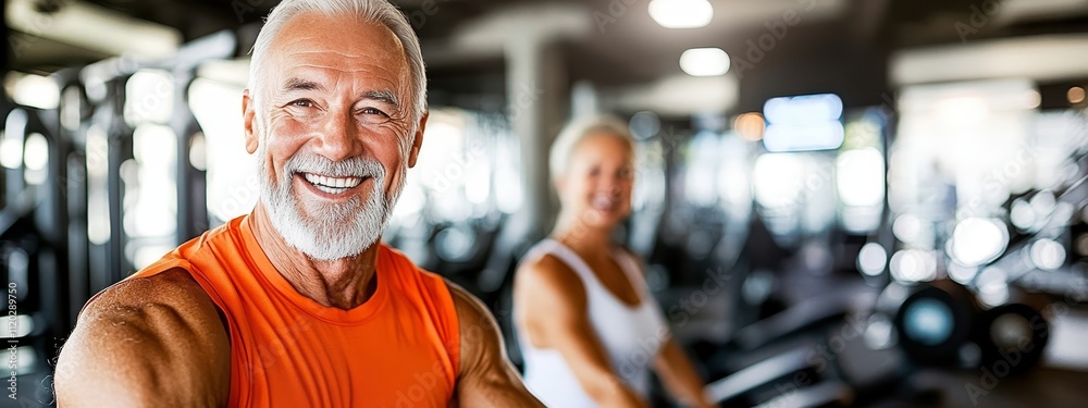 Seniors exercising in the gym, with a shallow depth of field and blurry background, promoting senior fitness, healthy aging, and active lifestyle. Seniors exercising in the gym, with a shallow depth of field and blurry background, promoting senior fitness, healthy aging, and active lifestyle.