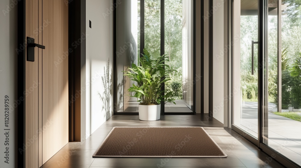 Fototapeta premium Modern hallway with natural light and indoor plants creating a welcoming atmosphere