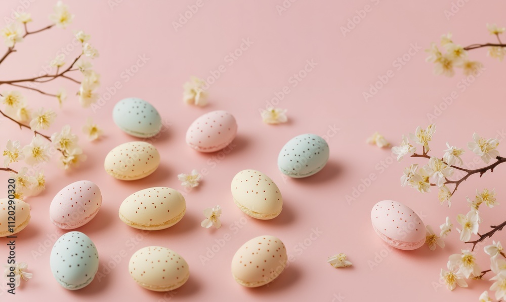 Easter Background with Egg-Shaped Macarons, Space for Text
