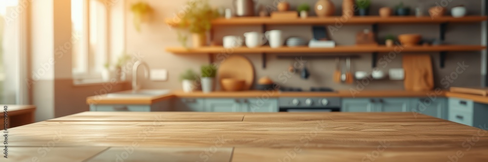 Cozy kitchen interior showcases wooden table and rustic decor with warm lighting in a contemporary home setting Cozy kitchen interior showcases wooden table and rustic decor with warm lighting in a contemporary home setting