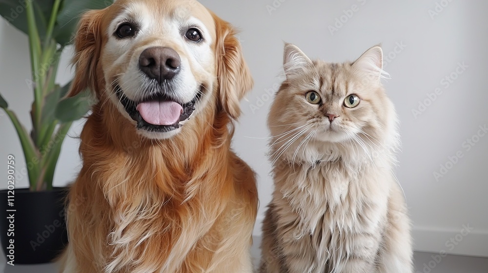 A golden retriever and a fluffy cat sit side by side, showcasing their friendly expressions in a cozy indoor setting. A golden retriever and a fluffy cat sit side by side, showcasing their friendly expressions in a cozy indoor setting.