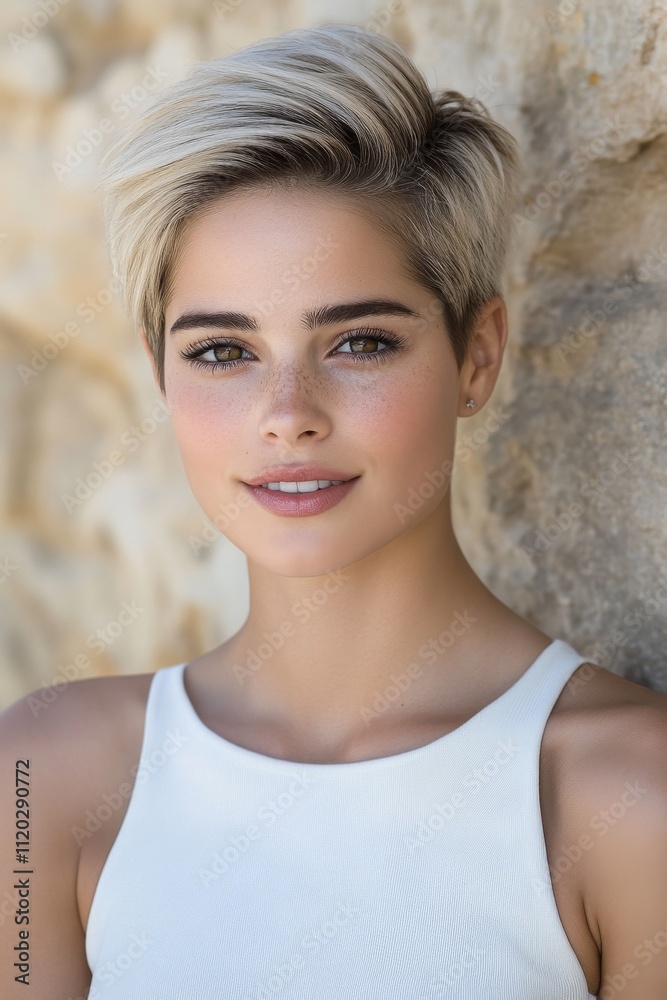 Young woman with short blonde hair smiles warmly against a textured stone background on a sunny day outdoors Young woman with short blonde hair smiles warmly against a textured stone background on a sunny day outdoors