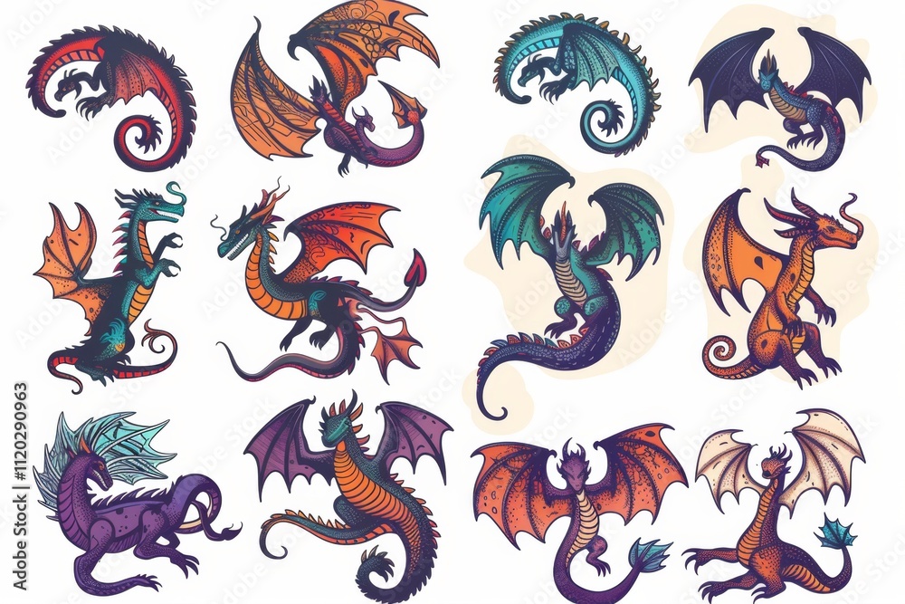 Funny dragons doodle set, cartoon dino, graphic dinosaurs isolated, monster animals Funny dragons doodle set, cartoon dino, graphic dinosaurs isolated, monster animals