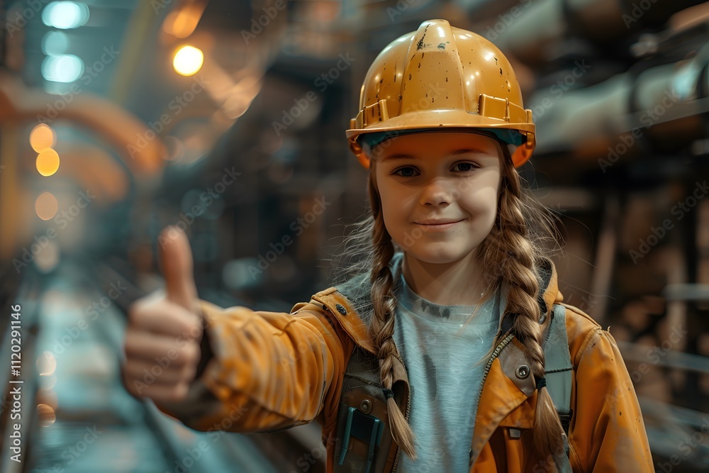 Young Girl in Safety Gear Giving a Thumbs Up in an Industrial Setting Young Girl in Safety Gear Giving a Thumbs Up in an Industrial Setting